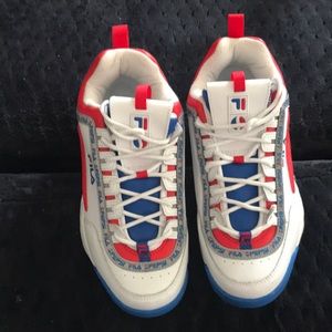 Never worn size 9 Fila shoes, colors are red, white and blue